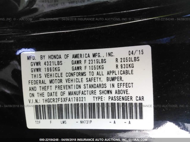1HGCR2F5XFA178021 - 2015 HONDA ACCORD SPORT Қара фото 9