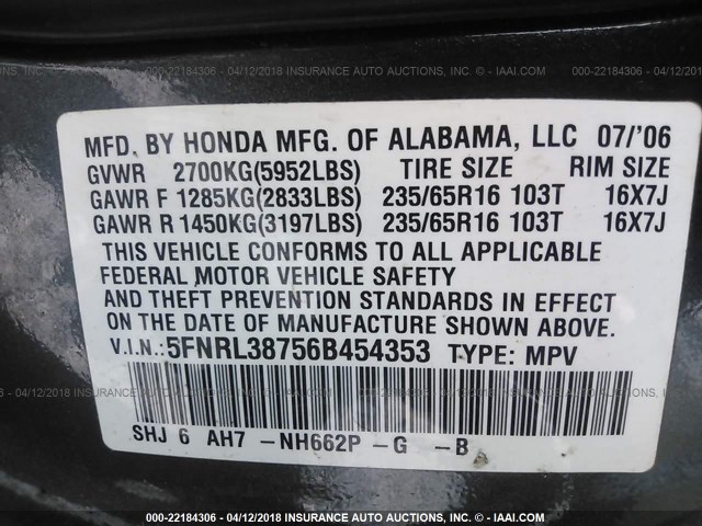 5FNRL38756B454353 - 2006 HONDA ODYSSEY EXL GRAY photo 9