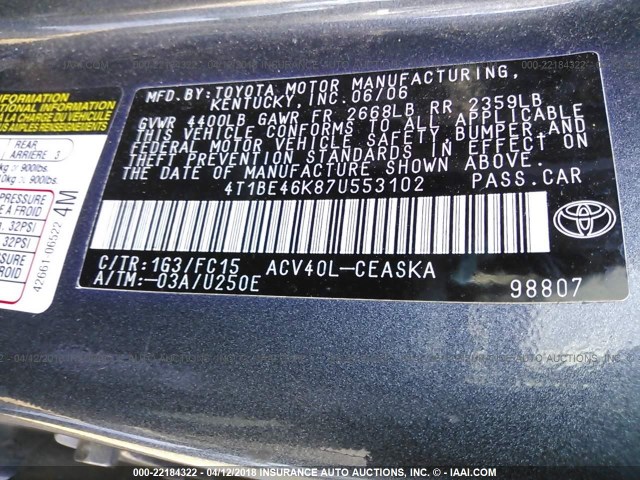 4T1BE46K87U553102 - 2007 TOYOTA CAMRY NEW GENERAT CE/LE/XLE/SE GRAY photo 9