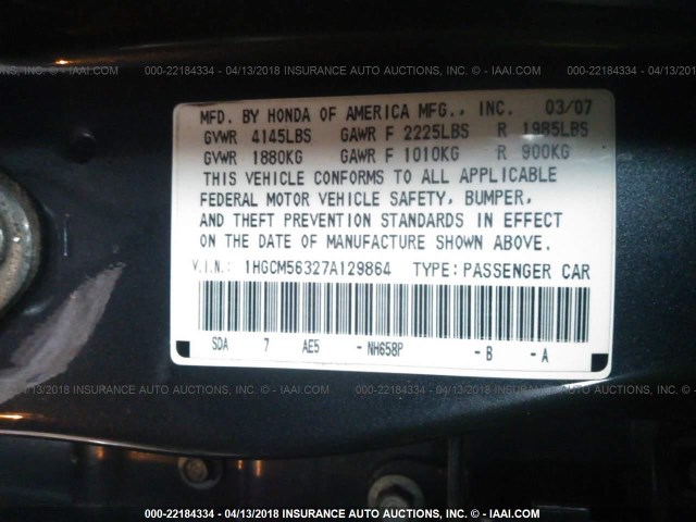 1HGCM56327A129864 - 2007 HONDA ACCORD SE BLUE photo 9