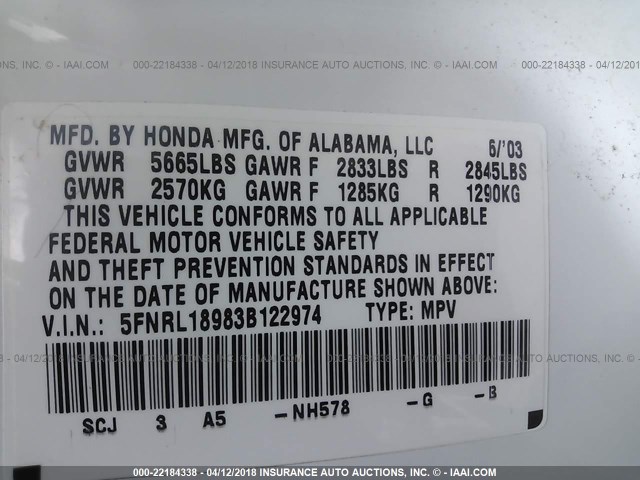 5FNRL18983B122974 - 2003 HONDA ODYSSEY EXL თეთრი ფოტო 9
