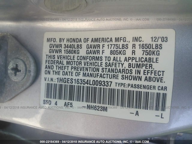 1HGES16354L009337 - 2004 HONDA CIVIC DX VP SILVER photo 9