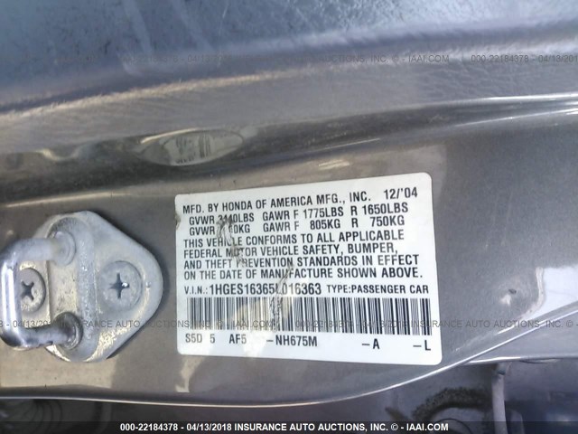 1HGES16365L016363 - 2005 HONDA CIVIC DX VP ნაცრისფერი ფოტო 9