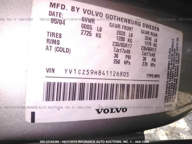 YV1CZ59H841126805 - 2004 VOLVO XC90 SILVER photo 9