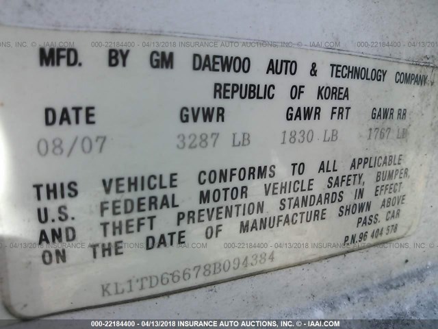 KL1TD66678B094384 - 2008 CHEVROLET AVEO LS WHITE photo 9