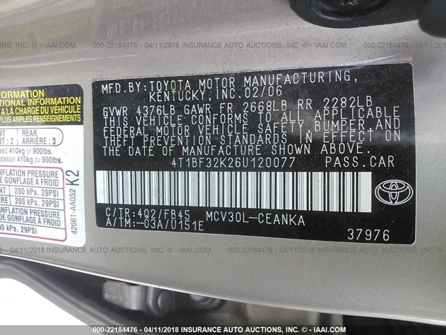 4T1BF32K26U120077 - 2006 TOYOTA CAMRY LE/XLE/SE ოქროსფერი ფოტო 9