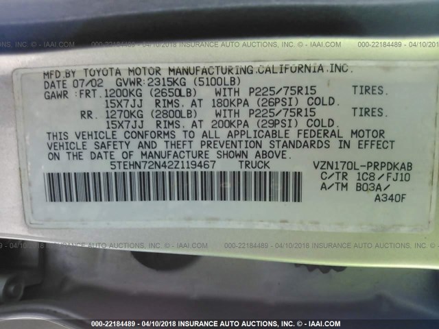 5TEHN72N42Z119467 - 2002 TOYOTA TACOMA DOUBLE CAB თაფლისფერი ფოტო 9