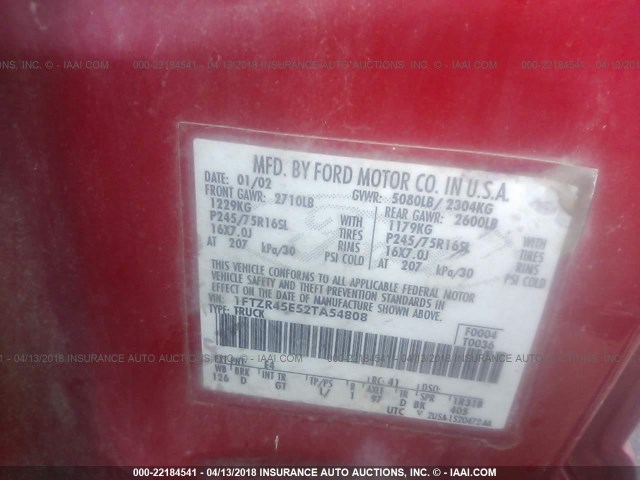 1FTZR45E52TA54808 - 2002 FORD RANGER SUPER CAB RED photo 9