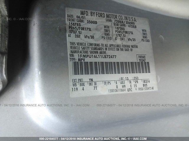 1FMPU16L11LB72477 - 2001 FORD EXPEDITION XLT SILVER photo 9