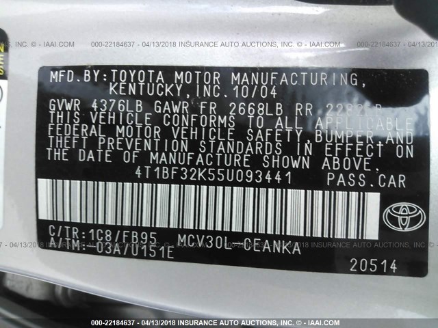 4T1BF32K55U093441 - 2005 TOYOTA CAMRY LE/XLE/SE SILVER photo 9