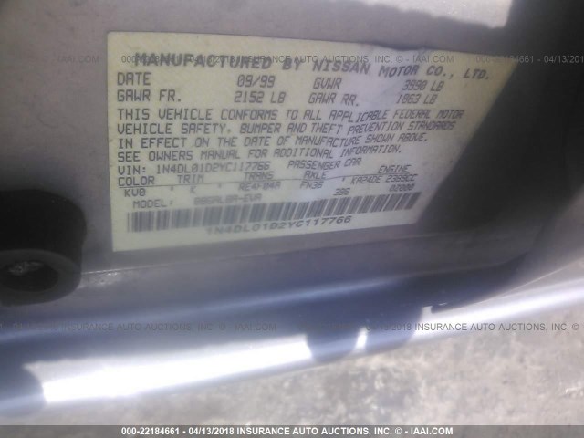 1N4DL01D2YC117766 - 2000 NISSAN ALTIMA XE/GXE/SE/GLE GOLD photo 9