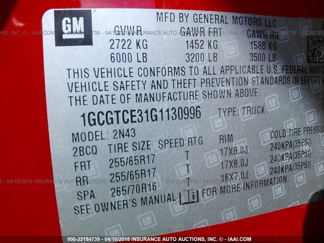 1GCGTCE31G1130996 - 2016 CHEVROLET COLORADO LT RED photo 9