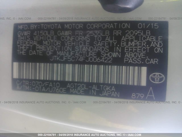 JTKJF5C74FJ006422 - 2015 TOYOTA SCION TC 白色 照片 9
