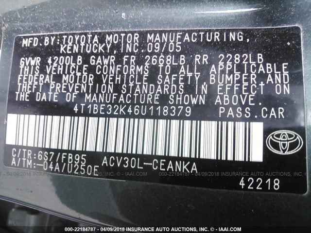4T1BE32K46U118379 - 2006 TOYOTA CAMRY LE/XLE/SE ნაცრისფერი ფოტო 9