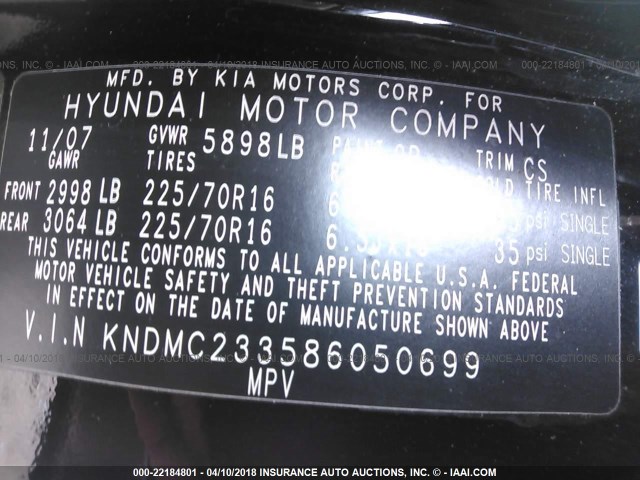 KNDMC233586050699 - 2008 HYUNDAI ENTOURAGE GLS/SE/LIMITED BLACK photo 9