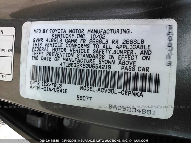 4T1BE32K53U654219 - 2003 TOYOTA CAMRY LE/XLE/SE GRAY photo 9