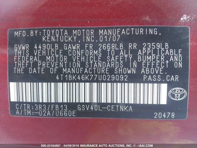 4T1BK46K77U029092 - 2007 TOYOTA CAMRY NEW GENERAT LE/XLE/SE RED photo 9