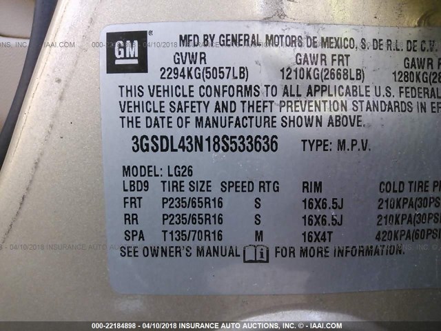 3GSDL43N18S533636 - 2008 SATURN VUE XE GOLD photo 9