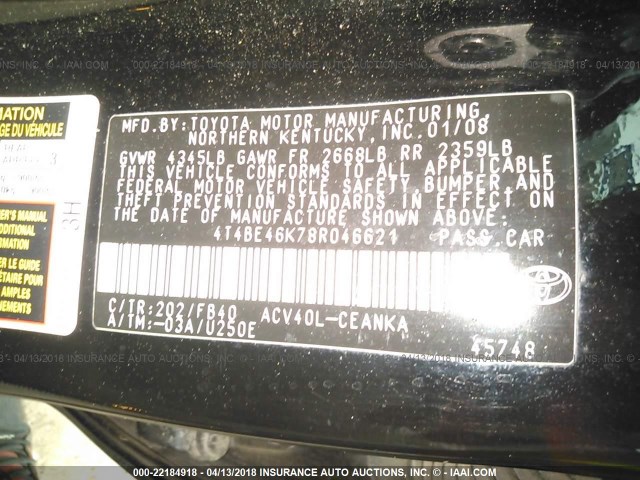 4T4BE46K78R046621 - 2008 TOYOTA CAMRY CE/LE/XLE/SE BLACK photo 9