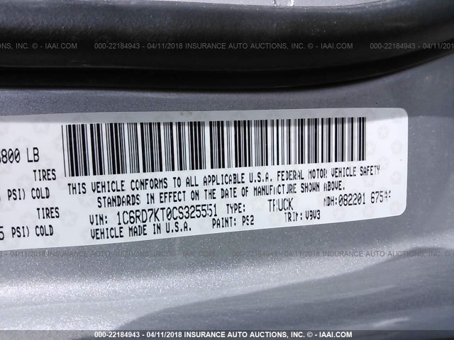 1C6RD7KT0CS325551 - 2012 DODGE RAM 1500 ST SILVER photo 9