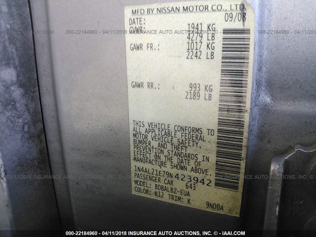 1N4AL21E79N423942 - 2009 NISSAN ALTIMA 2.5/2.5S SILVER photo 9