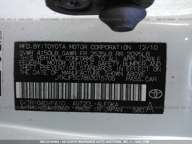 JTKJF5C78B3015705 - 2011 TOYOTA SCION TC WHITE photo 9