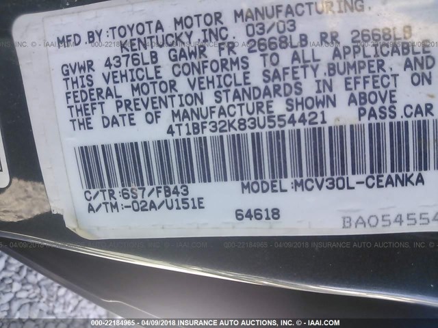 4T1BF32K83U554421 - 2003 TOYOTA CAMRY LE/XLE/SE GREEN photo 9