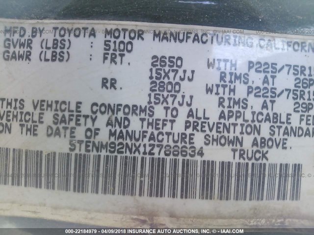 5TENM92NX1Z788634 - 2001 TOYOTA TACOMA PRERUNNER BLACK photo 9