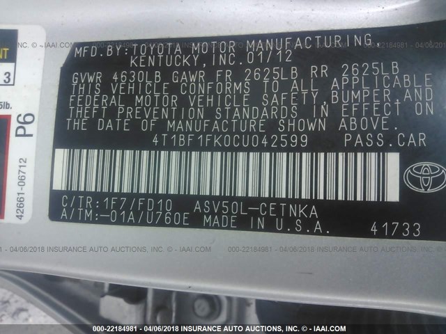 4T1BF1FK0CU042599 - 2012 TOYOTA CAMRY SE/LE/XLE SILVER photo 9