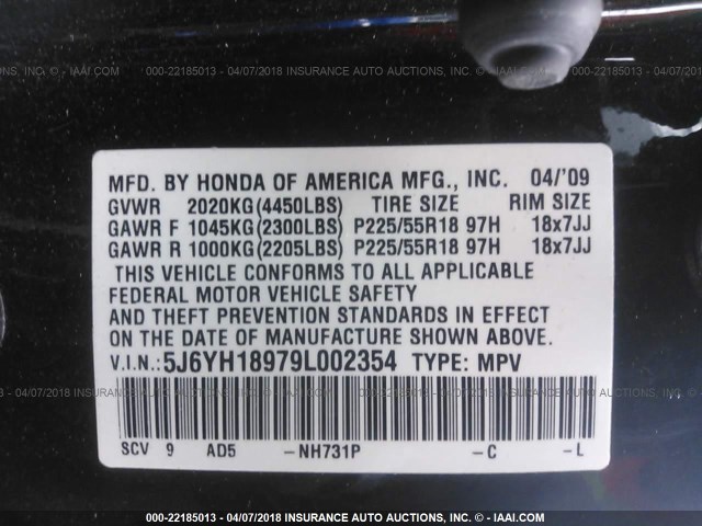 5J6YH18979L002354 - 2009 HONDA ELEMENT SC BLACK photo 9