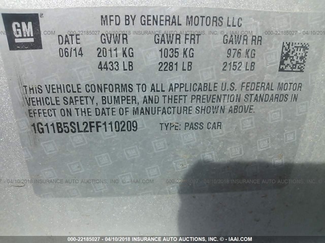 1G11B5SL2FF110209 - 2015 CHEVROLET MALIBU LS 银色 照片 9