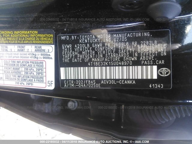 4T1BE32K15U048970 - 2005 TOYOTA CAMRY LE/XLE/SE 黑色 照片 9