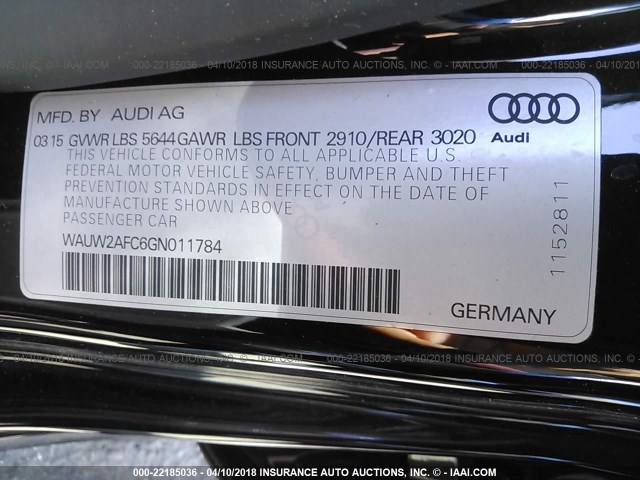 WAUW2AFC6GN011784 - 2016 AUDI S7 PRESTIGE BLACK photo 9