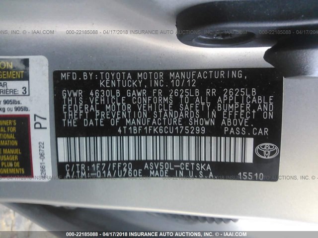 4T1BF1FK6CU175299 - 2012 TOYOTA CAMRY SE/LE/XLE Сұр фото 9