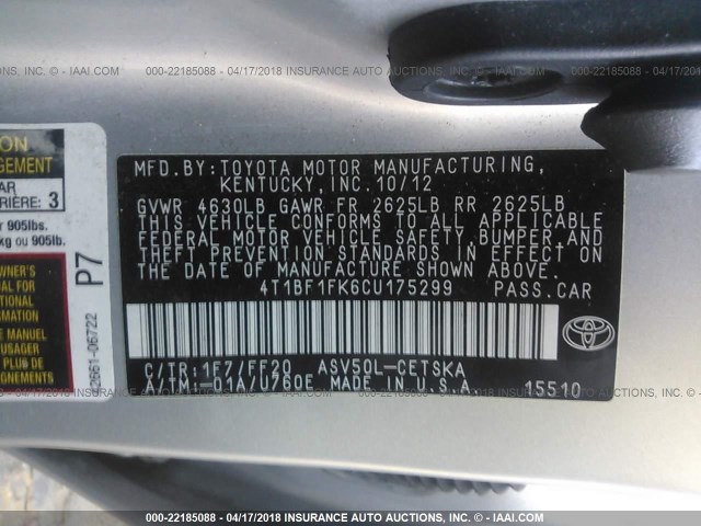 4T1BF1FK6CU175299 - 2012 TOYOTA CAMRY SE/LE/XLE GRAY photo 9