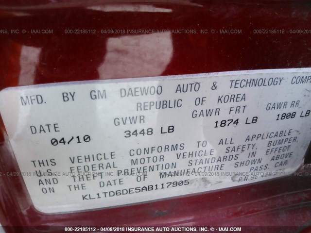 KL1TD6DE5AB117905 - 2010 CHEVROLET AVEO LS/LT RED photo 9