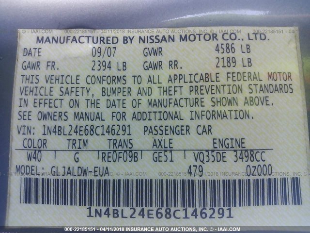 1N4BL24E68C146291 - 2008 NISSAN ALTIMA 3.5SE GRAY photo 9