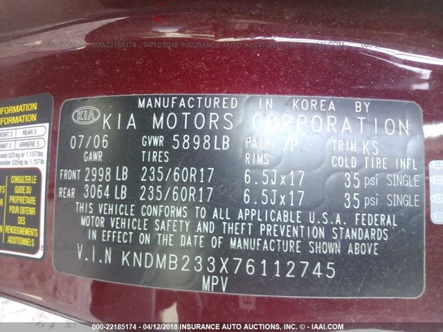 KNDMB233X76112745 - 2007 KIA SEDONA EX/LX RED photo 9