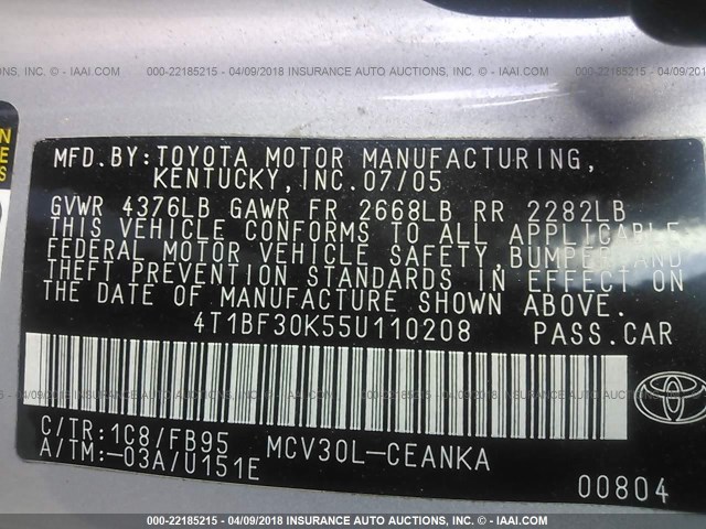 4T1BF30K55U110208 - 2005 TOYOTA CAMRY LE/XLE/SE 银色 照片 9