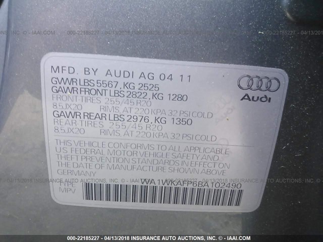WA1WKAFP6BA102490 - 2011 AUDI Q5 PRESTIGE GRAY photo 9