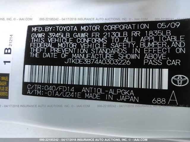 JTKDE3B74A0303226 - 2010 TOYOTA SCION TC 白色 照片 9