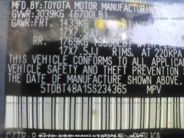 5TDBT48A15S234365 - 2005 TOYOTA SEQUOIA LIMITED BLUE photo 9