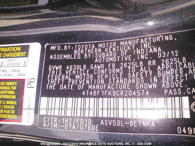 4T4BF1FK9CR204574 - 2012 TOYOTA CAMRY SE/LE/XLE BLACK photo 9