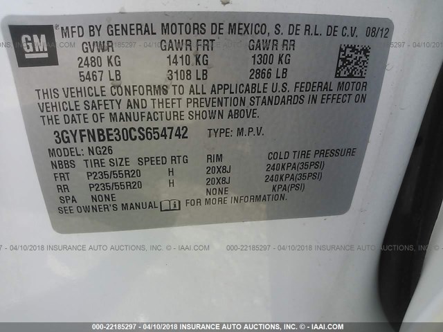 3GYFNBE30CS654742 - 2012 CADILLAC SRX PERFORMANCE COLLECTION Ақ фото 9