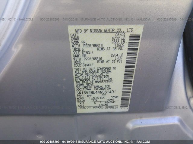 5N1BV28U44N361491 - 2004 NISSAN QUEST S/SE/SL SILVER photo 9