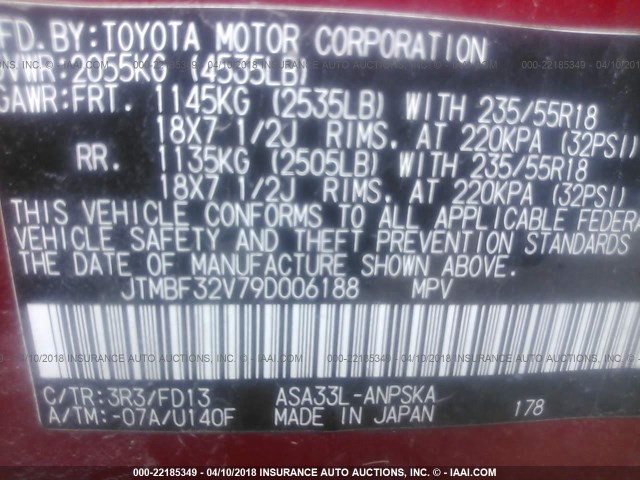 JTMBF32V79D006188 - 2009 TOYOTA RAV4 SPORT RED photo 9