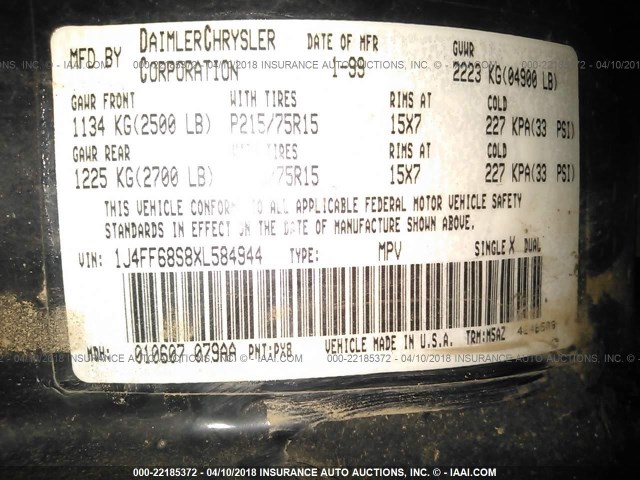 1J4FF68S8XL584944 - 1999 JEEP CHEROKEE SPORT/CLASSIC შავი ფოტო 9