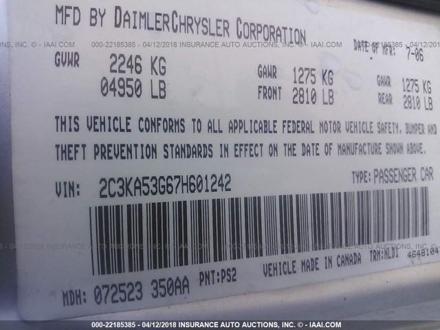 2C3KA53G67H601242 - 2007 CHRYSLER 300 TOURING SILVER photo 9