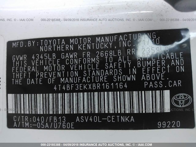 4T4BF3EKXBR161164 - 2011 TOYOTA CAMRY SE/LE/XLE WHITE photo 9