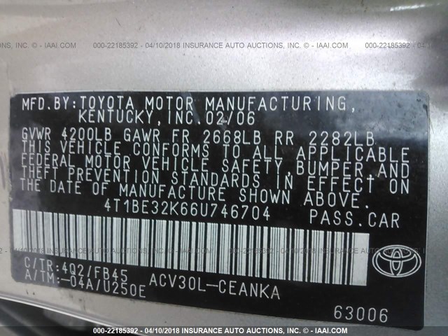 4T1BE32K66U746704 - 2006 TOYOTA CAMRY LE/XLE/SE TAN photo 9